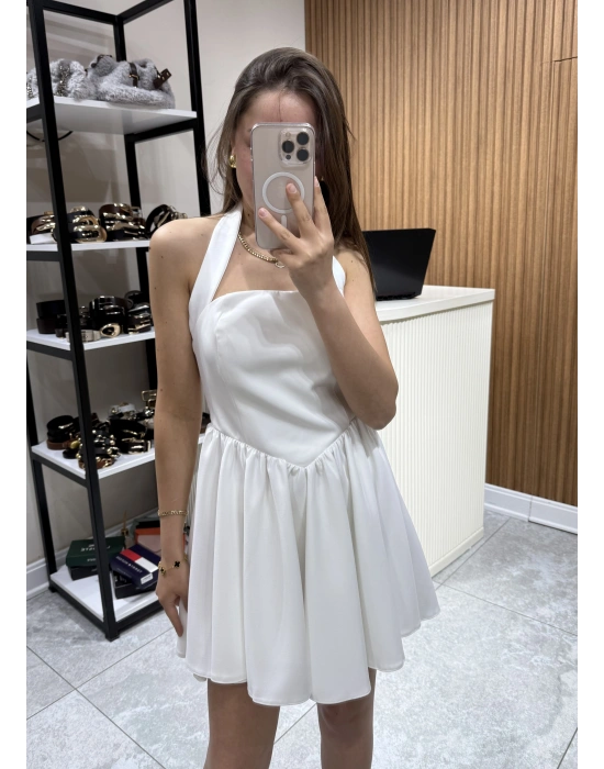 Boyundan Askılı Mini Elbise Beyaz