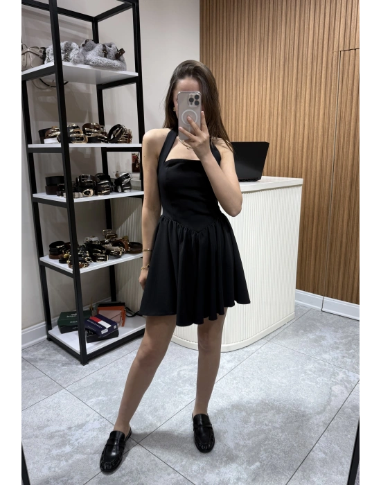 Boyundan Askılı Mini Elbise Siyah