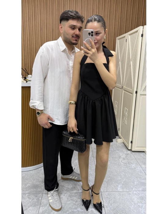 Boyundan Bağlamalı Siyah Elbise