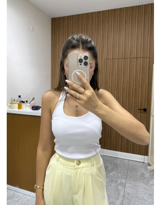 Boyundan Geçirmeli Fitilli Beyaz Bluz