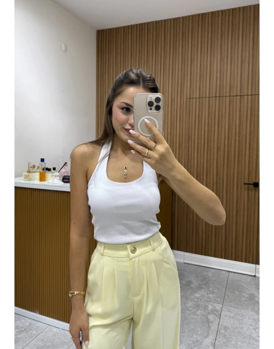 Boyundan Geçirmeli Fitilli Beyaz Bluz