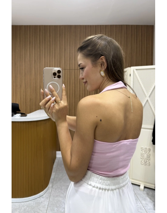 Boyundan Geçirmeli Fitilli Pembe Bluz