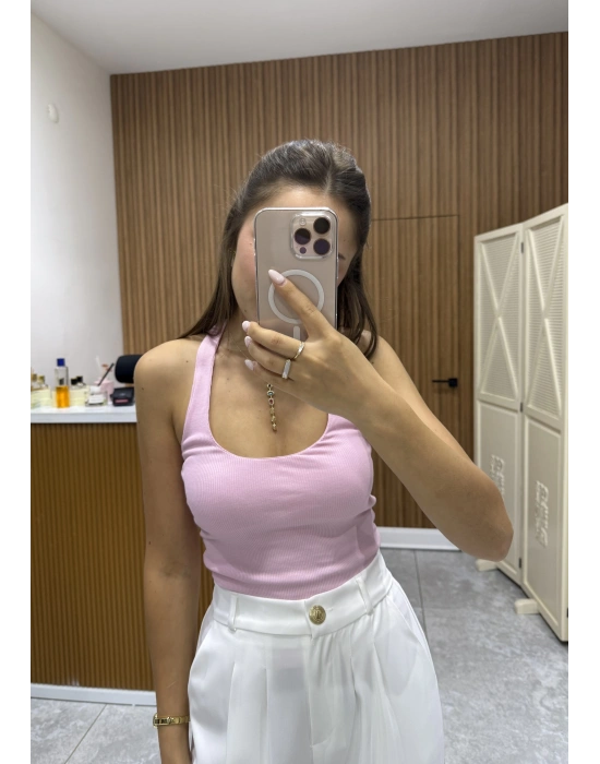 Boyundan Geçirmeli Fitilli Pembe Bluz