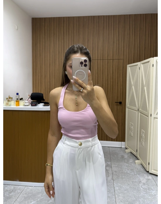 Boyundan Geçirmeli Fitilli Pembe Bluz