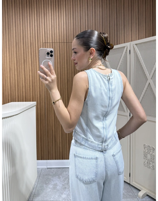 Buz Mavi Arka Fermuar Detaylı Pantolon Takım