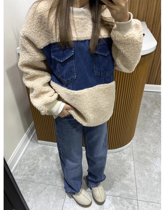 Denim Detalı Teddy Sweat