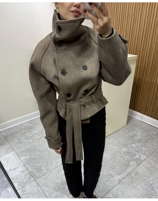 Dik Yaka Kemerli Kaşe Kaban Kahve