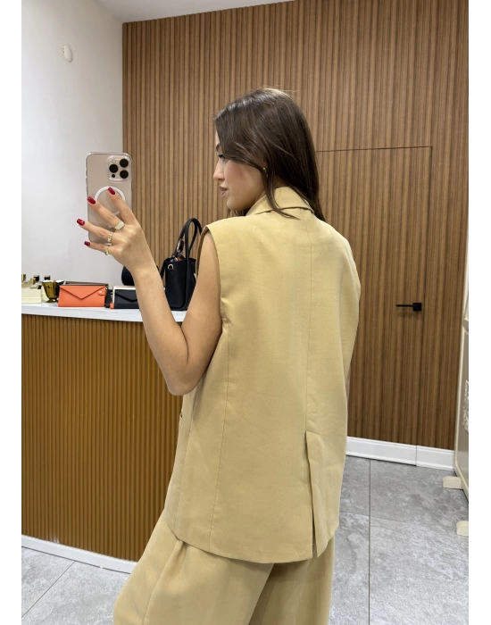 Düğme Detaylı Yelek Pantolon Camel Takım