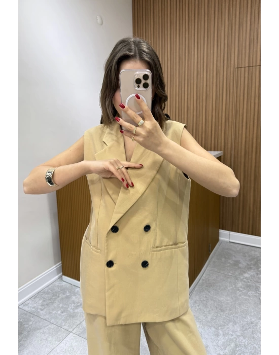Düğme Detaylı Yelek Pantolon Camel Takım