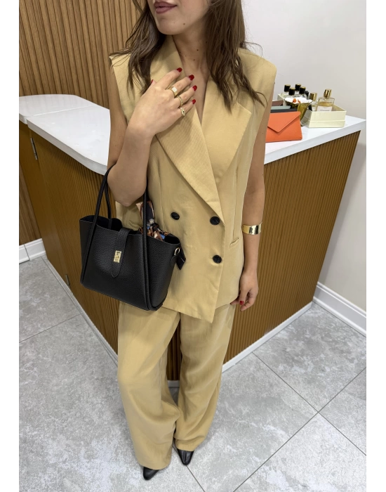 Düğme Detaylı Yelek Pantolon Camel Takım