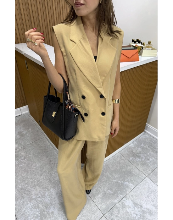 Düğme Detaylı Yelek Pantolon Camel Takım