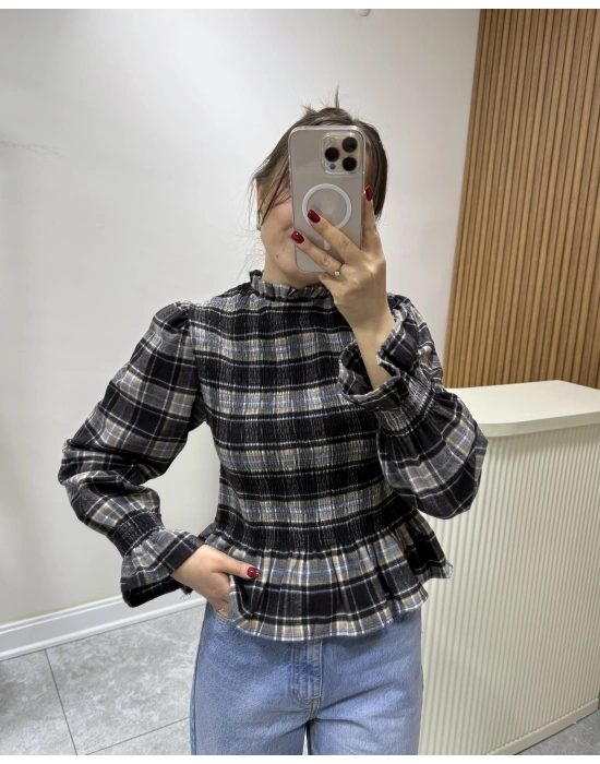 Ekose Desen Balon Kol Bluz