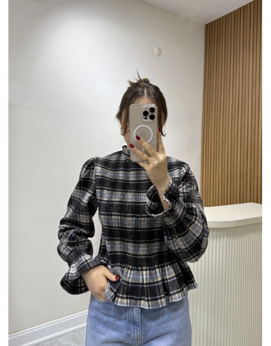 Ekose Desen Balon Kol Bluz