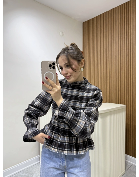 Ekose Desen Balon Kol Bluz