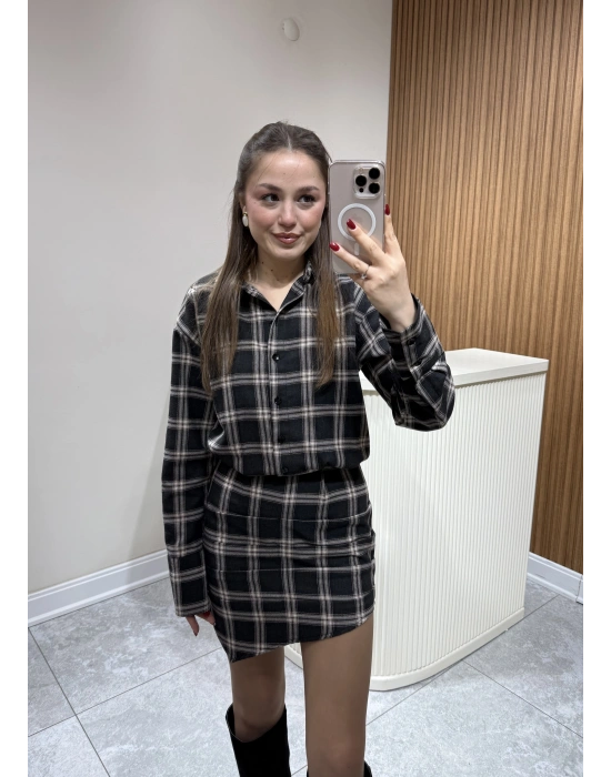 Ekose Desenli Elbise Antrasit