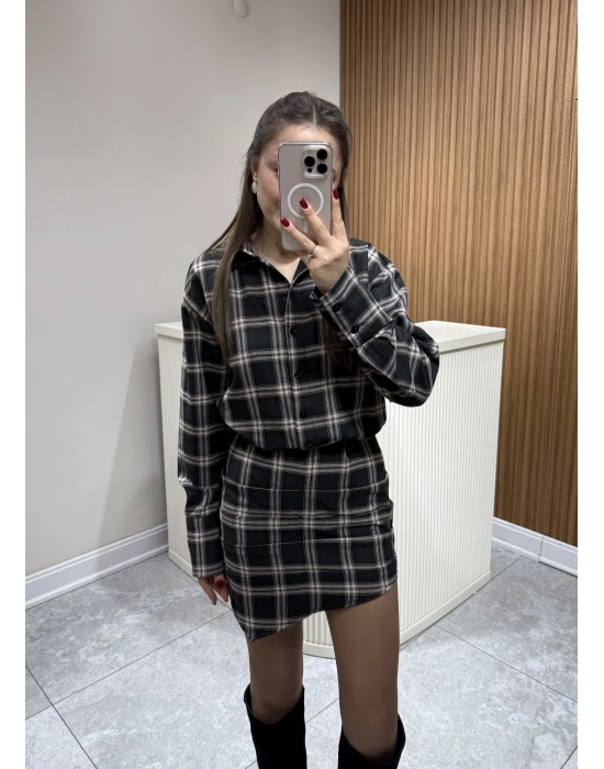 Ekose Desenli Elbise Antrasit