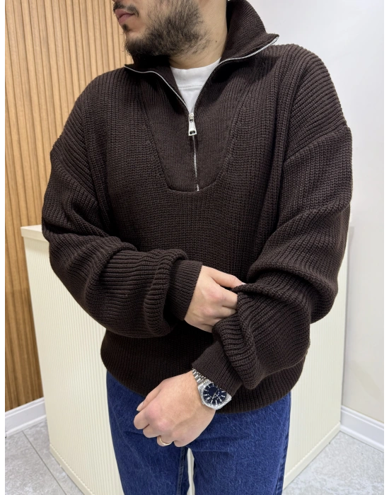 Fermuar Yakalı Triko Kahve