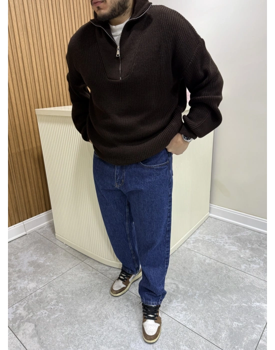 Fermuar Yakalı Triko Kahve