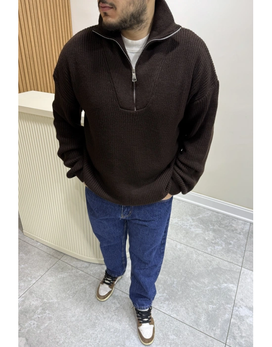 Fermuar Yakalı Triko Kahve