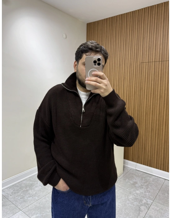 Fermuar Yakalı Triko Kahve