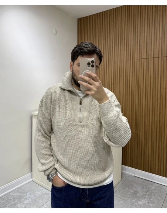 Fermuar Yakalı Triko Vizon