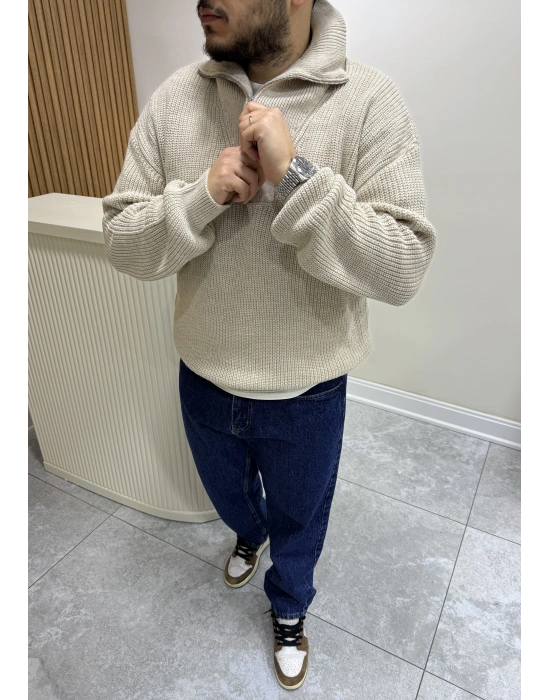 Fermuar Yakalı Triko Vizon