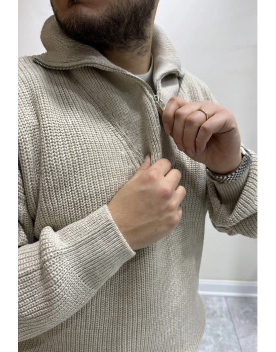 Fermuar Yakalı Triko Vizon