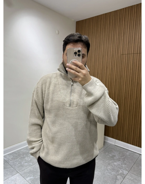 Fermuar Yakalı Triko Vizon