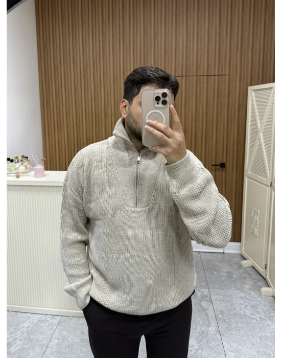 Fermuar Yakalı Triko Vizon