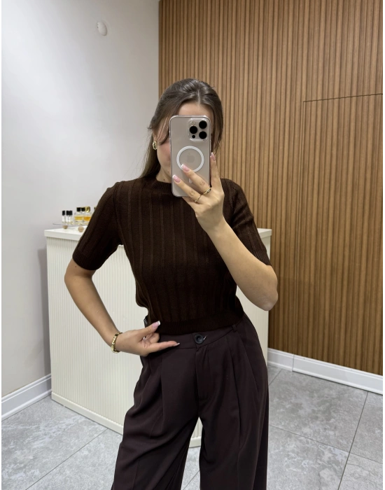 Fitilli Kısa Kol Kazak Acı Kahve