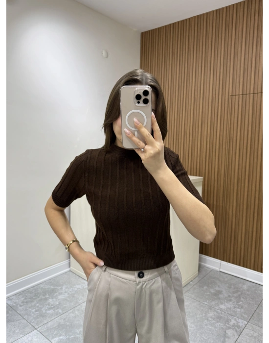 Fitilli Kısa Kol Kazak Acı Kahve