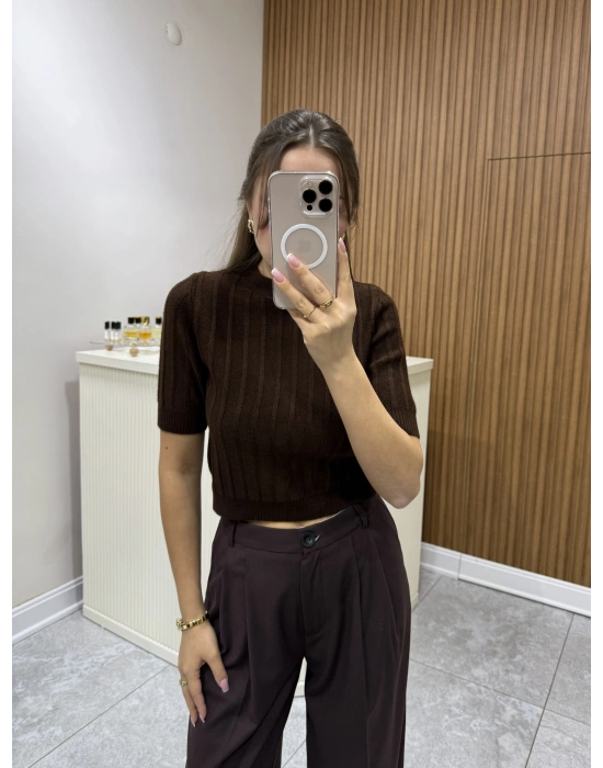 Fitilli Kısa Kol Kazak Acı Kahve