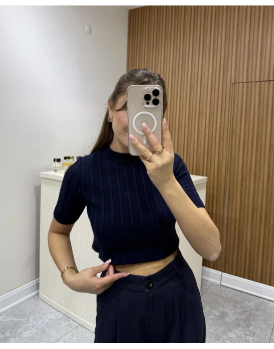 Fitilli Kısa Kol Kazak Lacivert