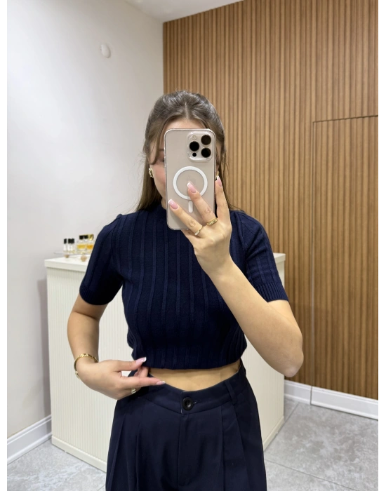 Fitilli Kısa Kol Kazak Lacivert