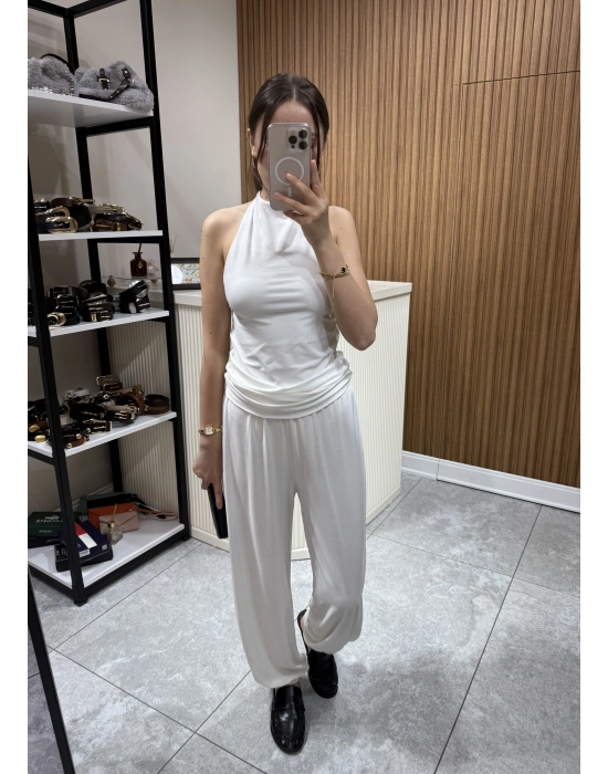 Halter Yaka Büzgülü Bluz Pantolon Takım Beyaz
