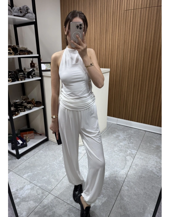 Halter Yaka Büzgülü Bluz Pantolon Takım Beyaz