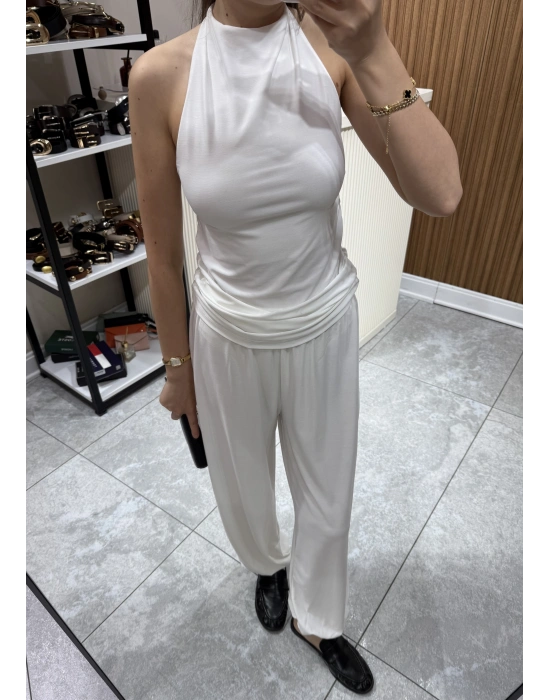 Halter Yaka Büzgülü Bluz Pantolon Takım Beyaz