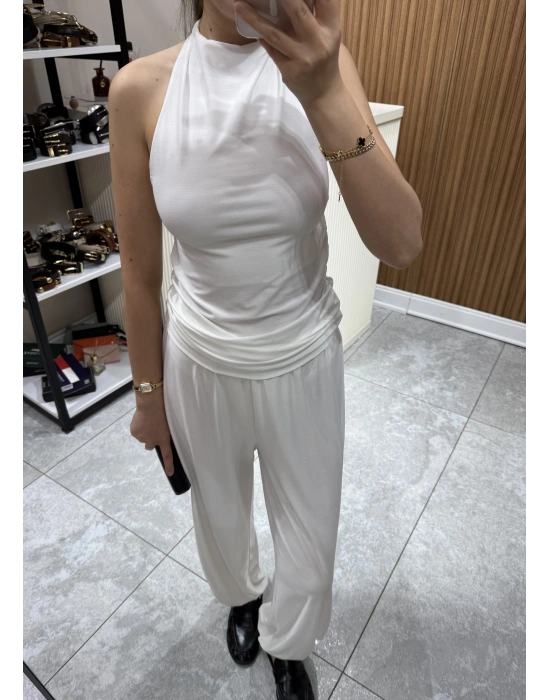 Halter Yaka Büzgülü Bluz Pantolon Takım Beyaz