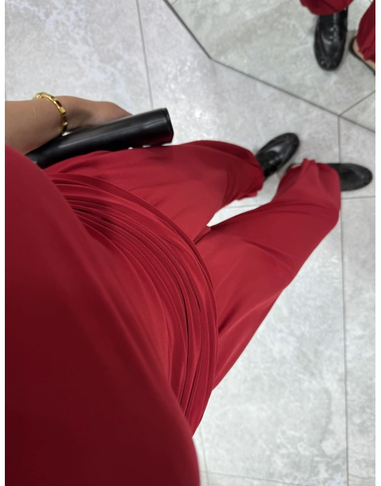 Halter Yaka Büzgülü Bluz Pantolon Takım Kırmızı