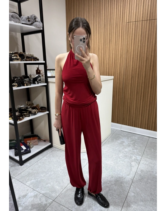 Halter Yaka Büzgülü Bluz Pantolon Takım Kırmızı