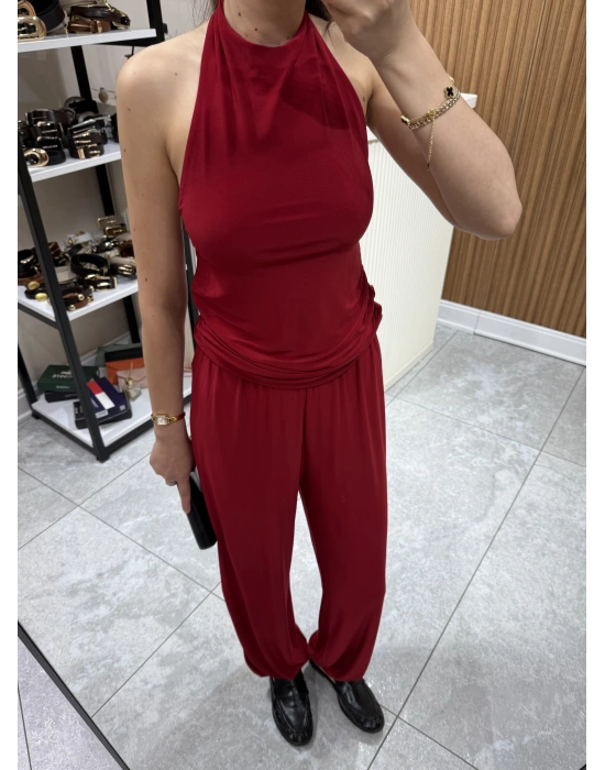 Halter Yaka Büzgülü Bluz Pantolon Takım Kırmızı