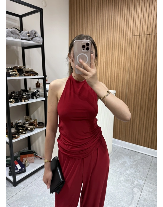 Halter Yaka Büzgülü Bluz Pantolon Takım Kırmızı