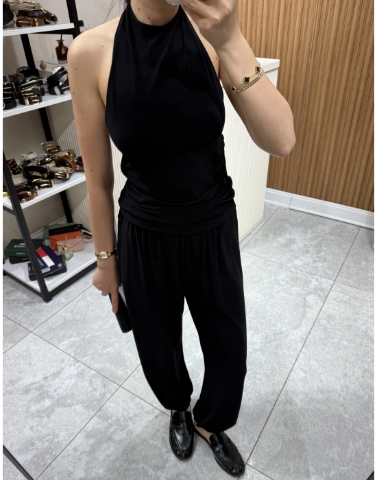 Halter Yaka Büzgülü Bluz Pantolon Takım Siyah