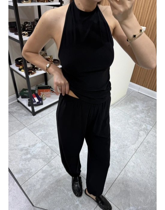 Halter Yaka Büzgülü Bluz Pantolon Takım Siyah