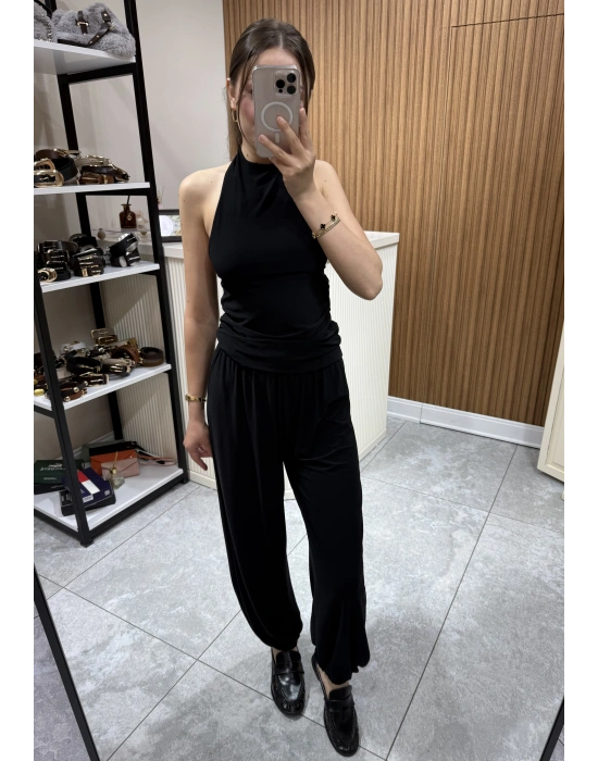 Halter Yaka Büzgülü Bluz Pantolon Takım Siyah