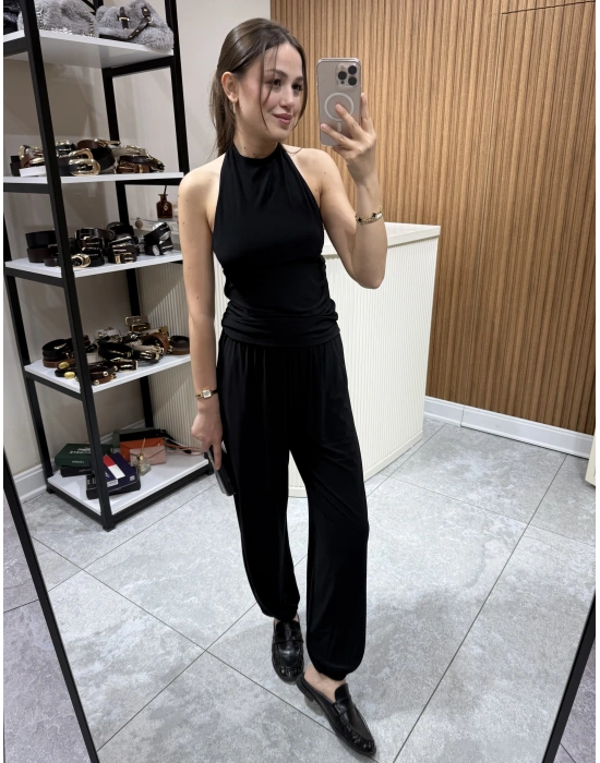 Halter Yaka Büzgülü Bluz Pantolon Takım Siyah
