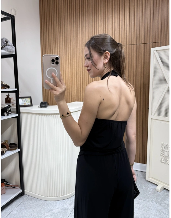 Halter Yaka Büzgülü Bluz Pantolon Takım Siyah