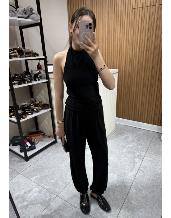 Halter Yaka Büzgülü Bluz Pantolon Takım Siyah