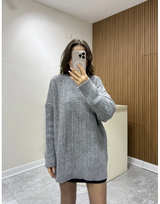 Hasır Örgü Salaş Kazak Gri