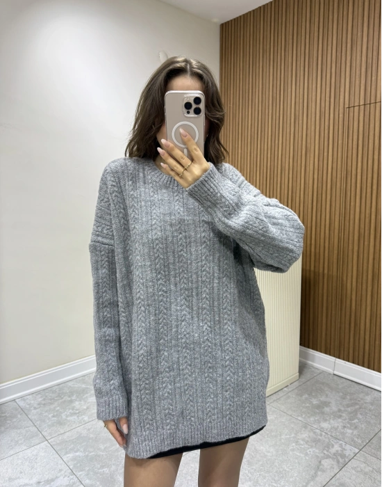 Hasır Örgü Salaş Kazak Gri